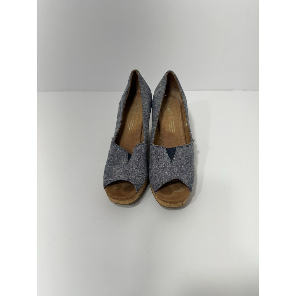 TOMS Women’s 7.5 Blue Chambray Peep Toe Cork Wedge Heels Slip On Shoes